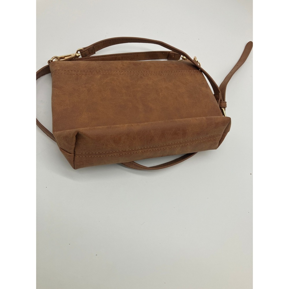 Unbranded Brown Faux Leather Crossbody Bag Fold Over Zipper Gold Tone Hardware - Picture 3 of 7